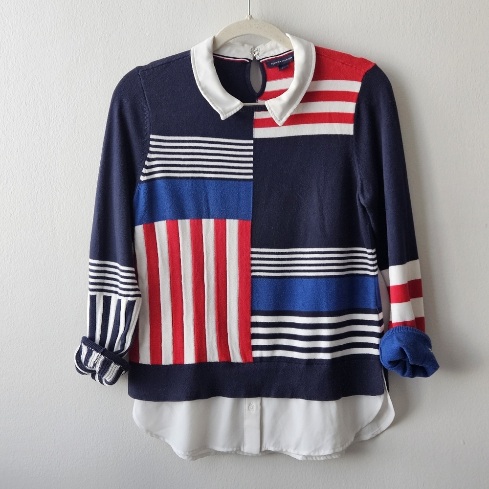 Tommy Hilfiger Women's Sweater Top S Small Faux Layered Collared Stripe Knit